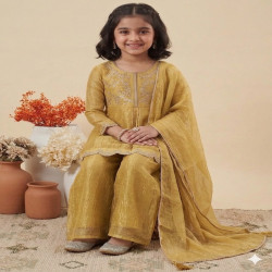 Girls Embroidered Crunch Silk Top Palazzo Set with Dupatta